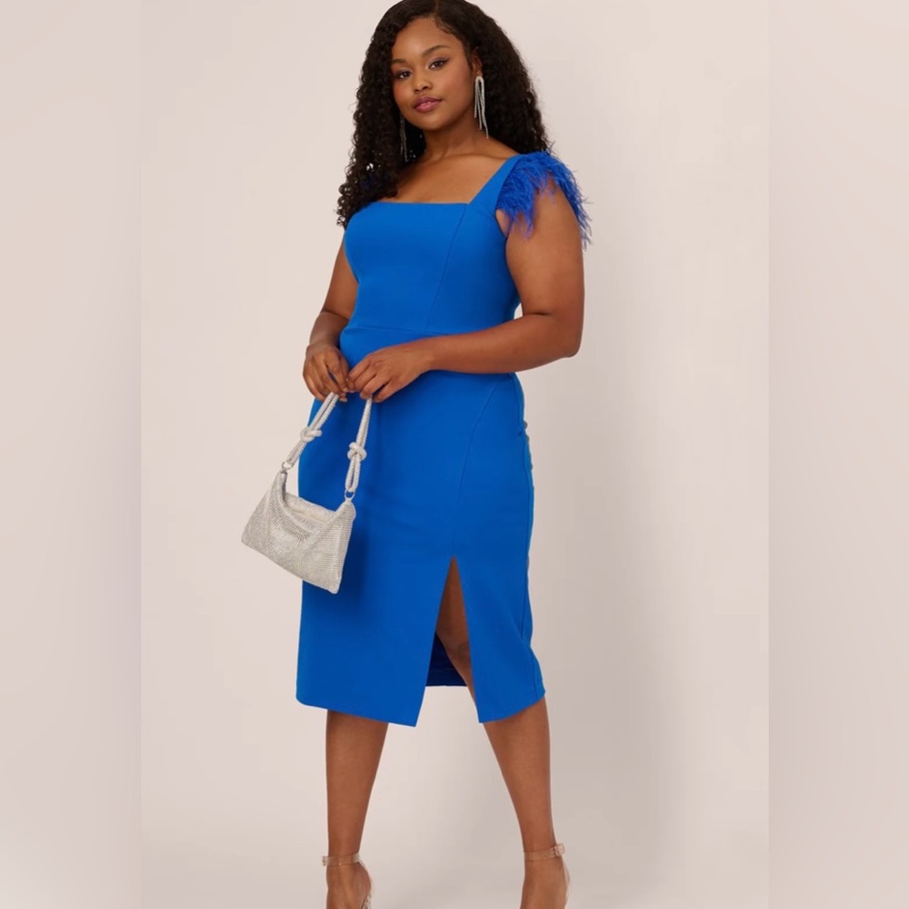 BNWT Adrianna Papell Midi Dress with Feather Shoulder Accents SZ 14W
